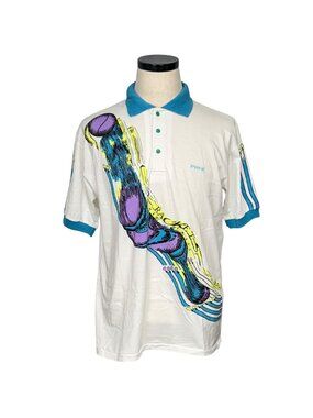 Vintage Spirale 90s XL Polo Shirt With Graphic Tennis Racket Design White & Blue
